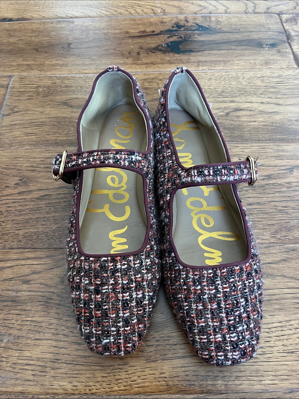 Sam Edelman “Michaela” Mary Janes in Pink/Burgundy Wool, Size 10